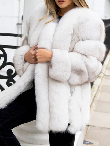 Airchics mi-longue manteau en fausse fourrure unicolore col rond manches longues femme casual hiver